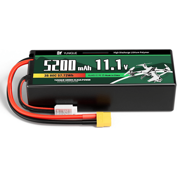 LiPo-akku 3 kennoa 11.1V 5200mAh 80C XT60-liittimellä, silikonikaapelilla ja kovakuorella - Mitat 138x47x36 mm, Paino 359g - Tehokas RC-malleille