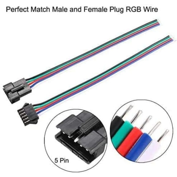 Set med 10 JST SM 5-stifts kontakter, hane och hona | 150 mm, 20AWG adapterkabel för elektronisk montering | Idealisk för LED Strip, Svart, Plast