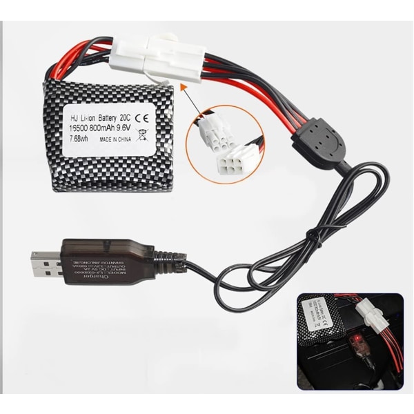 2 kpl Setti ladattavia Litiumioniakkuja 9.6V 800mAh 20C EL-6P-liittimellä ja USB-laturilla - Yhteensopiva RC-autoille, maastoautoille ja Jumperille