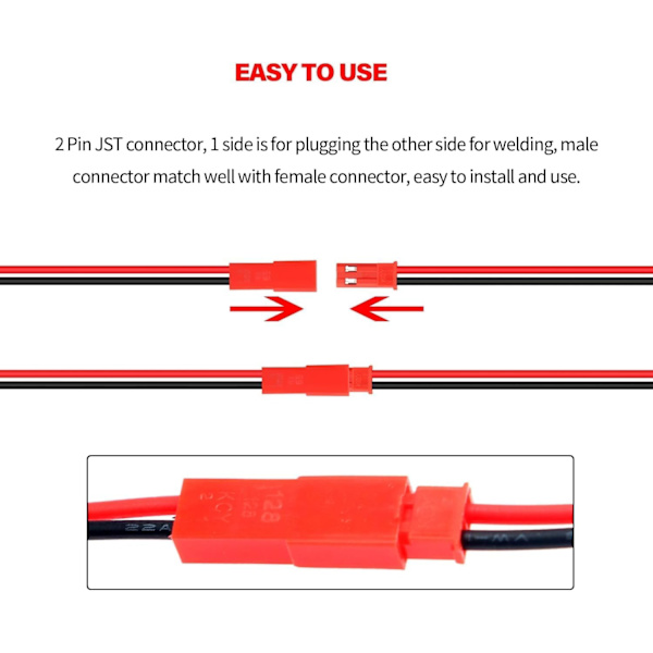 40 JST 22 AWG-liitintä, 2-napainen uros ja naaras, 10 cm pituus 15 cm - täydellinen LED-valoihin, lamppuihin, RC-akuihin ja leluihin
