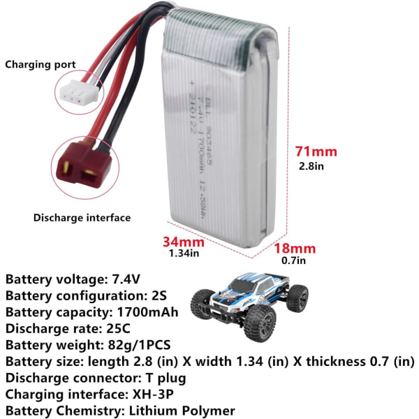 1 stk 7,4V 1700mAh lithiumbatteri kompatibelt med 4WD High Speed ​​RC-bil - modellerne 9200/9200E/200E/9202E/9203E/9204E/9205E/9206E/2995/YC300