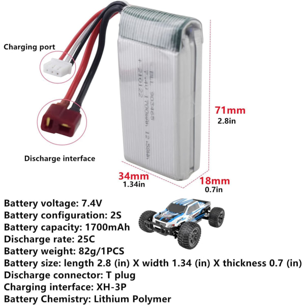 7.4V 1700mAh LiPo Batteri Kompatibel RC Bil | Optimerad prestanda | Säkerhet och hållbarhet | Effektiv laddning, Silver