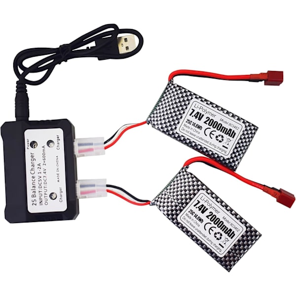 2 LiPo-akkua 7.4V 2000mAh, T-liitin, 2-in-1-laturi | Sopii RC 9200, 9200E, 200E, 9202E, HM101, 9125, S920, S921, HB101