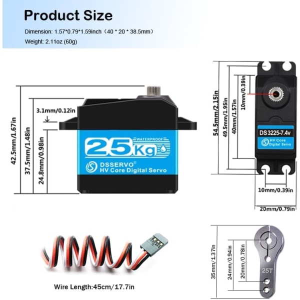 RC Styreservo 25KG, 7.4V med Høj Vridmoment | Rustfrie Stålgear | Vandtæt, 180° Bevægelse | Til Robotbiler, DIY-projekter, Plast