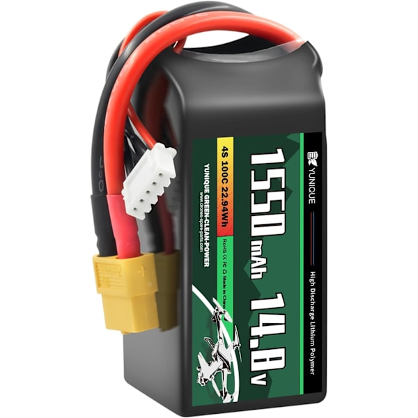 4-celle 14.8V 1550mAh 100C Lipo-batteri med XT60-stik, silikonekabel og blødt skal - Størrelse 78X38X29 mm, Vægt 180g - Høj effekt til RC-modeller