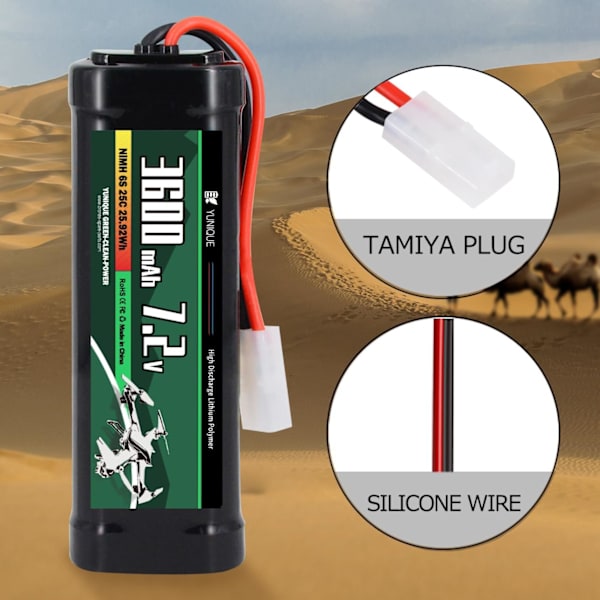 Latautuva NiMH-akku 7.2V 3600mAh Tamiya-liittimellä ja silikonikaapelilla - 6 solua - Mitat 135x47x24 mm - Virta RC-malleille