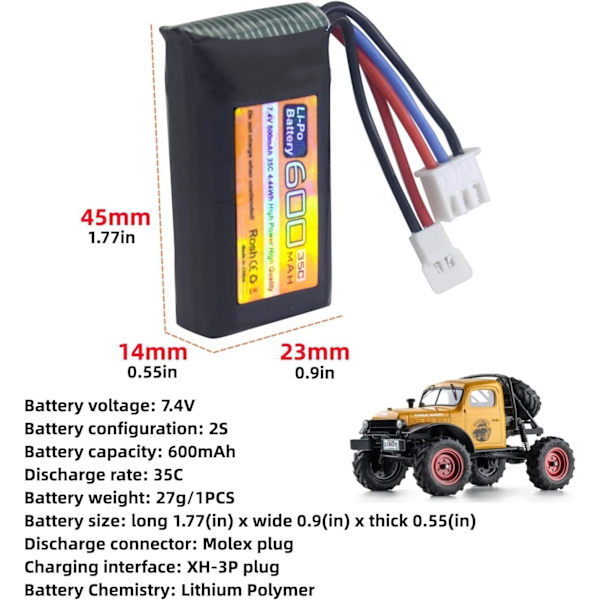 2 kpl LiPo-akkua 7.4V 600mAh 35C 2S Molex-liittimellä - Yhteensopiva FMS FCX24 RC-auton ja sähköisten kiipeilyautojen kanssa