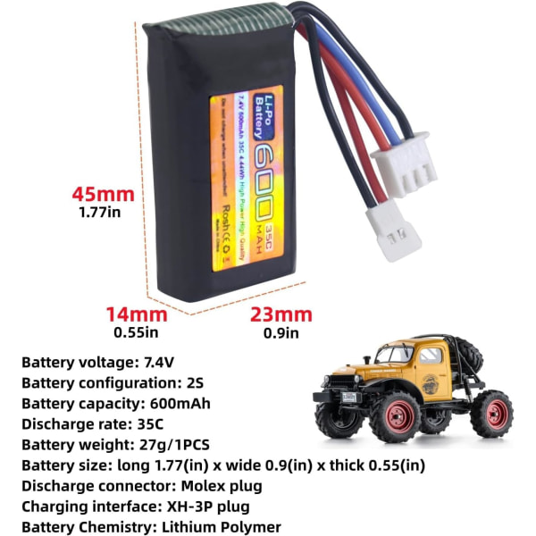 7,4V 600mAh 35C 2S LiPo-batteri med Molex-stik - Kompatibel med FMS FCX24 RC-billastbil og elektriske klatrekøretøjer