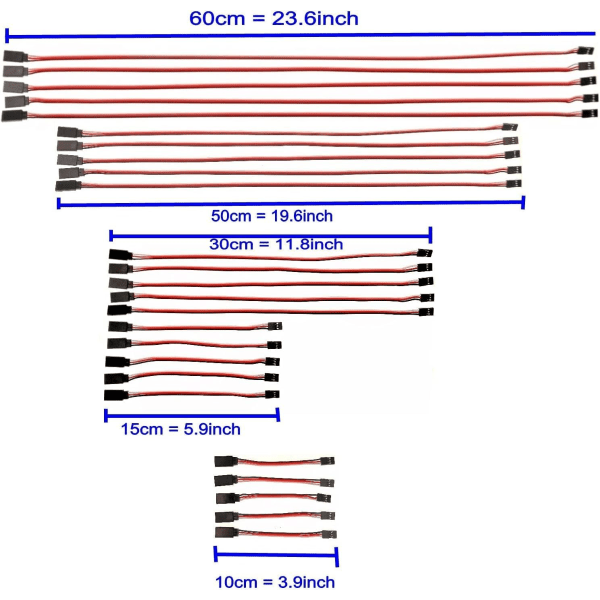 Servo-jatkokaapelien sarja 25 osaa | Eri pituudet 10cm-60cm | JR-tyyliset liittimet | 60 korkealaatuista ydintä | Mallilentokoneisiin, droneihin