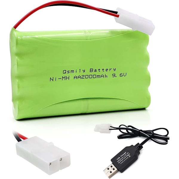 Ladattava AA-akku 9.6V 2000mAh Tamiya-liittimellä ja USB-latauskaapelilla - Ihanteellinen RC-autoille, kuorma-autoille - 100x57x15mm - 100g