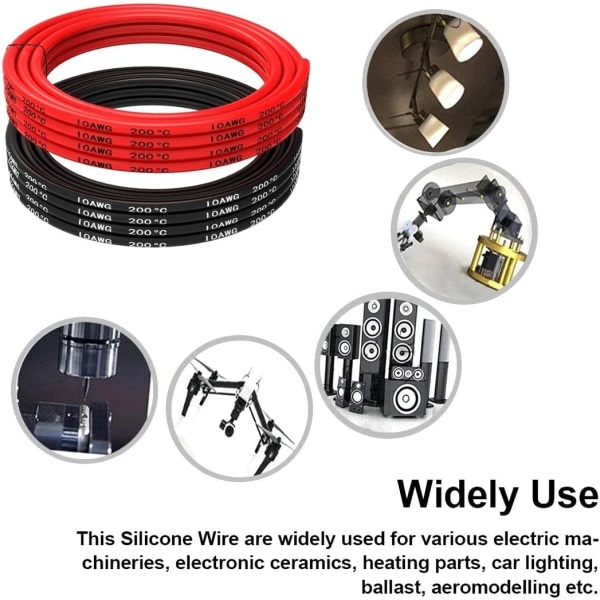 Silikonekabel 10 AWG Fleksibel elektrisk ledning 5 meter [2,5 m sort og 2,5 m rød] Fortinnet kobbertråd Kabel Høj temperaturbestandighed