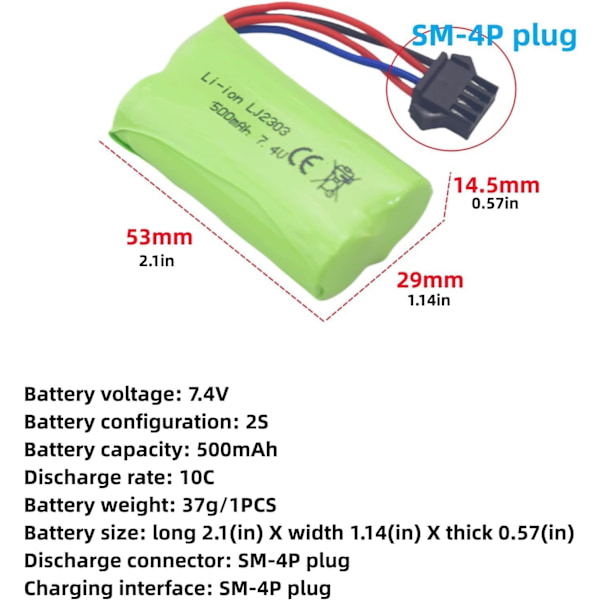 Nopeusakku Litium 7.4V 500mAh - Yhteensopiva EC16 DE85 kanssa, Kauko-ohjattava Vene, Laivamalli ja Auto - 1 kpl
