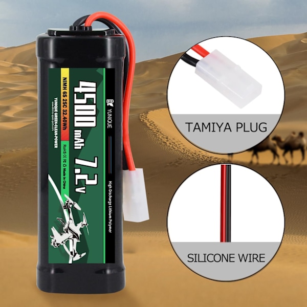 Latautuva NiMH-akku 7.2V 4500mAh Tamiya-liittimellä ja silikonikaapelilla - 6 solua - Mitat 135x47x24 mm - Virta RC-malleille