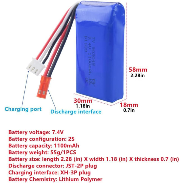 Sæt med 2 lithiumbatterier 7,4V 1100mAh med oplader - Kompatibel med WLtoys A949, A959, A969, A979, K929, V912, V913, L959
