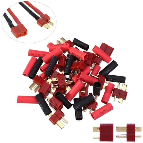 20 T-Plug Deans -liitintä, uros- ja naarasmalli | 40 kutistesukkaa | Soveltuu RC-autoihin, -veneisiin, -lentokoneisiin, -helikoptereihin, LiPo 7.4 -akkuun, punainen, muovi