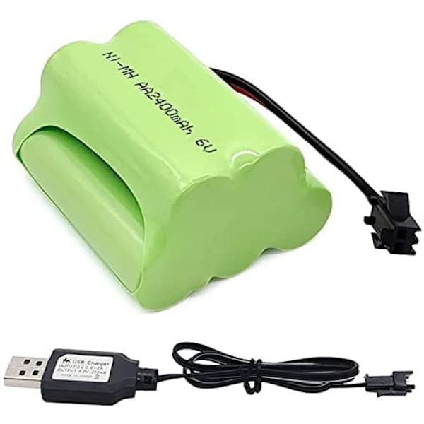 6V AA-batteri, laddningsbart Ni-MH-batteripaket, högkapacitetsbatterier 2400 mAh, SM 2P RC Boat RC Bus-kontakt + USB-kabel
