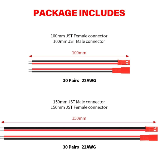 Sæt med 60 JST 22 AWG-stik, 2-benet han og hun, længde 10 cm 15 cm - Perfekt til LED'er, lys, RC-batterier og legetøj