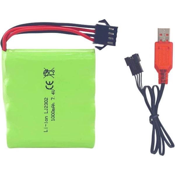 Ladattava akku 7.4V 1000mAh SM-4P RC DE36W DE65:lle | SM-4P-liitin, helppo USB-lataus | Korkea kestävyys, kompakti muotoilu, vihreä