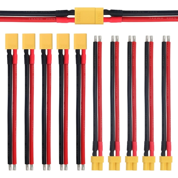 5 par XT30 han- og hun-stik med 100 mm 14AWG silikonekabel til Lipo FPV dronebatteri