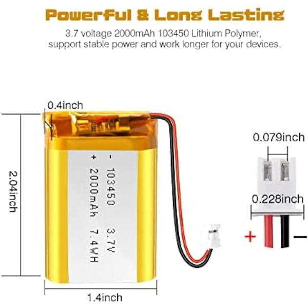Litiumbatteri 3.7V 2000mAh Modell 103450 | Med skyddskrets | Uppladdningsbart, kompatibelt med Bluetooth-hörlurar och TWS-hörlurar, hög hållbarhet