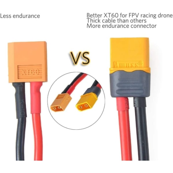 2 par XT60 hanstik 150mm 12AWG | Guldbelagt for høj konduktivitet | Ideel til Drone FPV Lipo Batteri, Gul, Plast