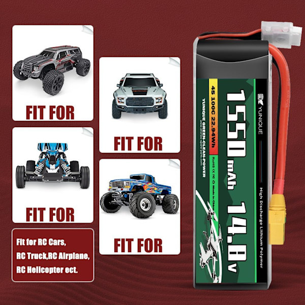 4-celle 14.8V 1550mAh 100C Lipo-batteri med XT60-stik, silikonekabel og blødt skal - Størrelse 78X38X29 mm, Vægt 180g - Høj effekt til RC-modeller