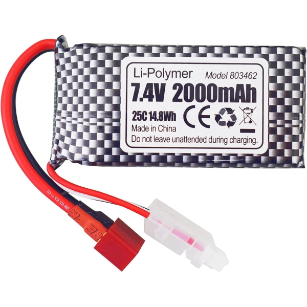 2 LiPo-akkua 7.4V 2000mAh, T-liitin, 2-in-1-laturi | Sopii RC 9200, 9200E, 200E, 9202E, HM101, 9125, S920, S921, HB101