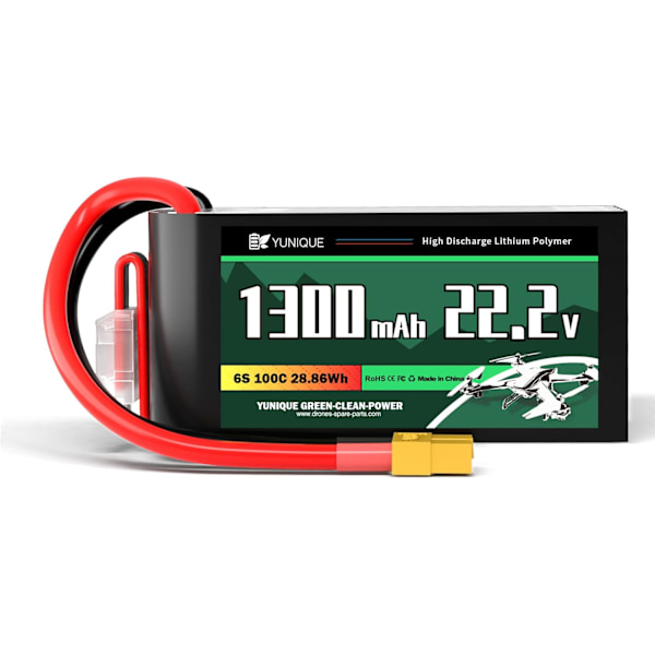 Lipo Batteri 6 celler 22.2V 1300mAh 100C med XT60 kontakt, silikonkabel och mjukt skal - Mått 74x38x38 mm, Vikt 265g - Hög effekt för RC-modeller