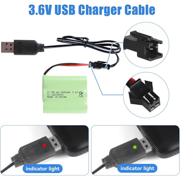 Genopladeligt Ni-MH AA-batteri 3.6V 2400mAh med USB-opladningskabel og SM 2P-stik - Ideelt til Fjernstyrede Legetøj, Belysning og Elektriske Værktøjer
