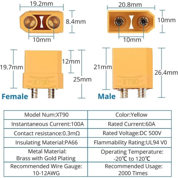 10 par högkvalitativa XT90-kontakter, hane-hona, modell Rc Lipo batterikontakter