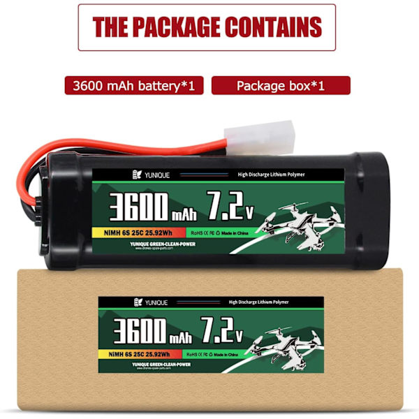 Latautuva NiMH-akku 7.2V 3600mAh Tamiya-liittimellä ja silikonikaapelilla - 6 solua - Mitat 135x47x24 mm - Virta RC-malleille