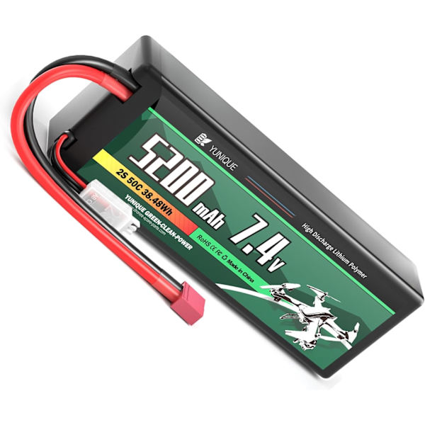 2-cells Lipo-batteri 7.4V 5200mAh 50C med T-kontakt, silikonkabel och hårt skal - Mått 138x47x25mm, vikt 246g - Hög effekt för RC-modeller
