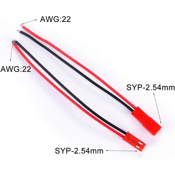 20 JST 22 AWG -liitintä, 2-napainen uros ja naaras, pituus 10 cm 15 cm - täydellinen LED-valoihin, lamppuihin, RC-akuihin ja leluihin
