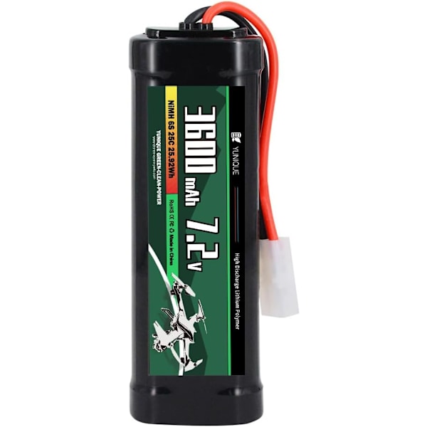 Latautuva NiMH-akku 7.2V 3600mAh Tamiya-liittimellä ja silikonikaapelilla - 6 solua - Mitat 135x47x24 mm - Virta RC-malleille