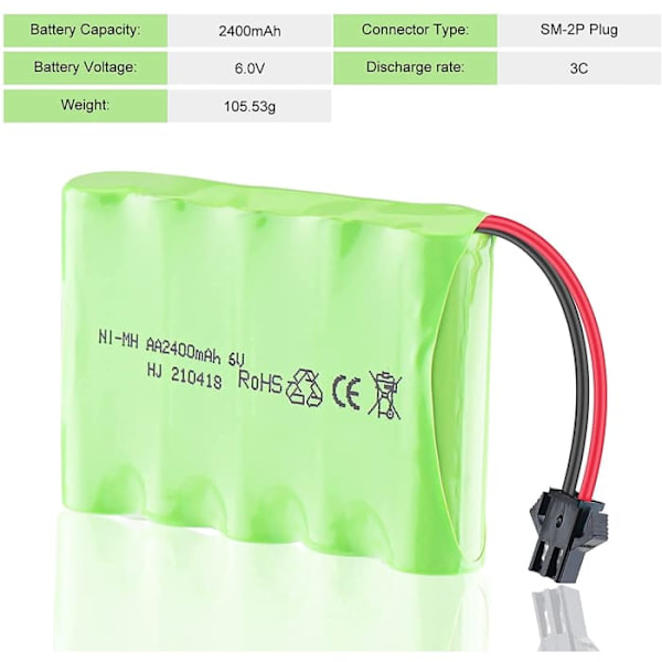6V Ni-Mh 2400mAh uppladdningsbart batteri för bilfjärrkontroll | USB-kabel ingår | Varar mer än 18 min, Grön