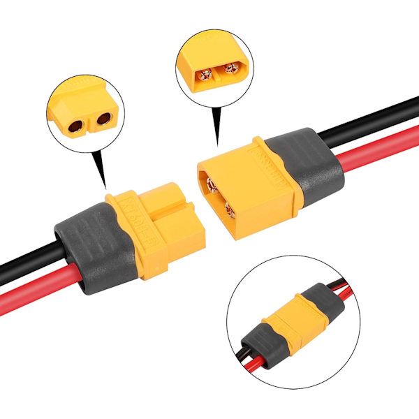 XT60 Forlængerkabel 1.2m 16AWG han-hun | til RC-batterier og FPV-droner | Høj kvalitet, sikkerhed, fleksibilitet | Gul, Silikone