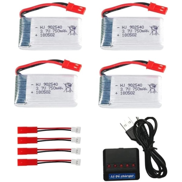 Sæt med 4 LiPo-batterier 3.7V 750mAh til MJX X300C X400 X800 RC Quadcopter Droner | Inkluderer oplader, indbygget beskyttelse | 45x24x8 mm - 16 gr | Sølv