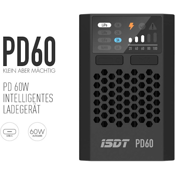 Lipo-tasapainolatur PD60, 60W 6A | USB-C-tulo | 1-4S Lipo/LiFe/LiIon & 1-12S LiHv/Pb/NiMH