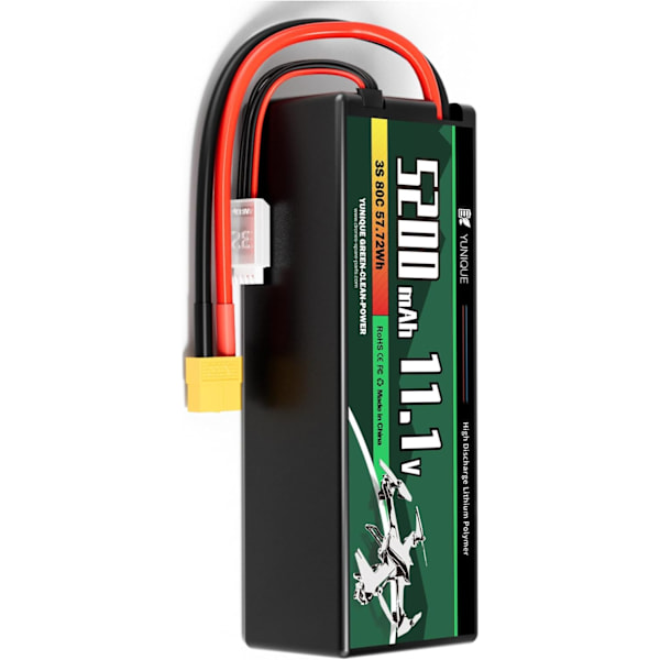 LiPo-akku 3 kennoa 11.1V 5200mAh 80C XT60-liittimellä, silikonikaapelilla ja kovakuorella - Mitat 138x47x36 mm, Paino 359g - Tehokas RC-malleille