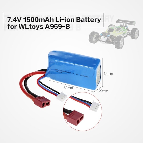 Uppladdningsbart LiPo-batteri 7.4V 1500mAh | Kompatibel med WLtoys A959-B, A979-B | Hög kapacitet och säkerhet | Idealisk för RC modellbygge, Blå
