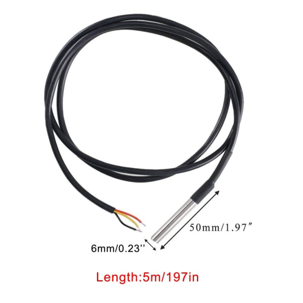 DS18B20 Vedenpitävä digitaalinen lämpötila-anturi | Eri pituuksia | Yhteensopiva Arduino, Raspberry Pi | Ulkokäyttöön (5 metrin kaapeli)