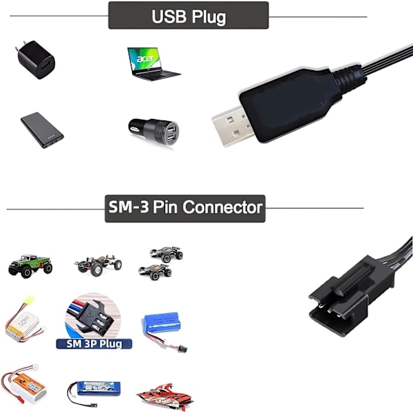 USB batterilader til 7.4V 2S LiPo-batterier | SM-3P-tilslutning | Sikker og alsidig opladning | Let og bærbar | Kompatibel med RC Bil/Drone/Båd