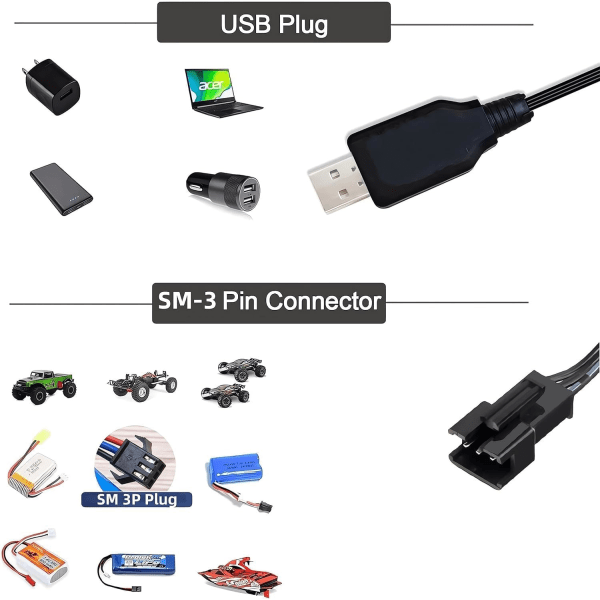 USB-laturi 7.4V 2S LiPo-akuille | SM-3P-liitäntä | Turvallinen ja monipuolinen lataus | Kevyt ja kannettava | Yhteensopiva RC-autojen/lennokkien/veneiden kanssa