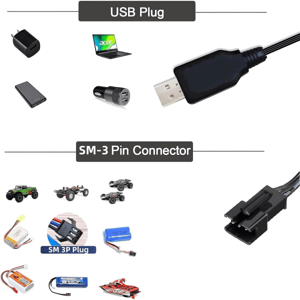 USB Universal RC-opladerkabel med SM-3P-stik til 2S 7.4V LiPo-batterikompatibel RC-bil/bil/flyvemaskine