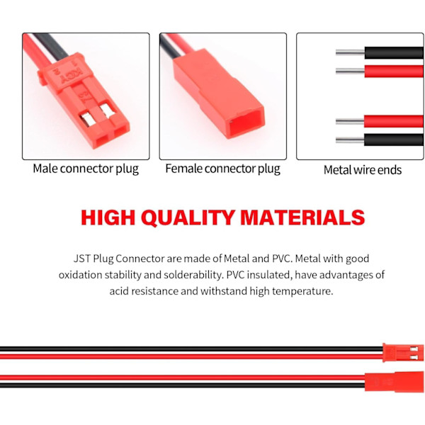 60 JST-liitintä 22 AWG, 2-napainen | LED-valoille, nauhoille, RC-akuille | Pituus 10 cm ja 15 cm | Monipuolisuus ja luotettavuus, punainen
