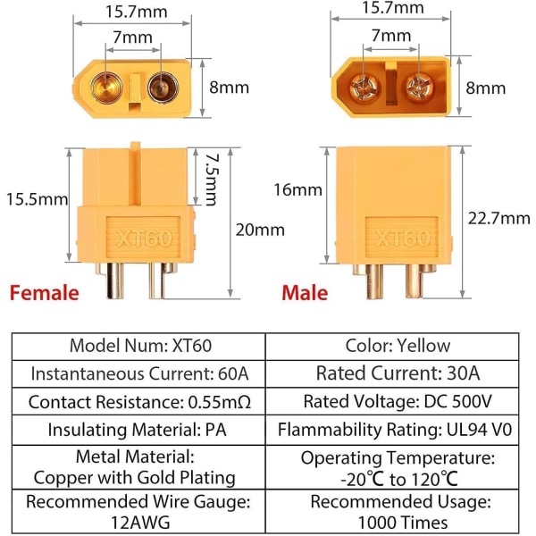 Set med 2 par XT60 han- och honkontakter med 100 mm 12AWG silikonkabel, perfekt för RC Lipo-batterier och FPV-drönare