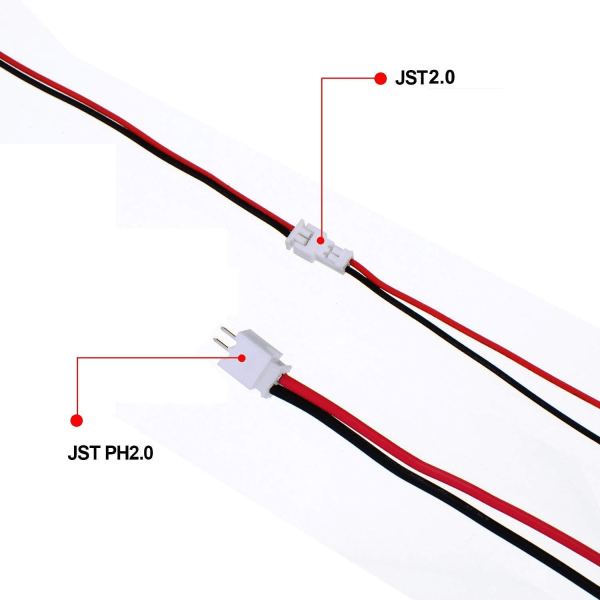 JST Micro 2 Pin Connector Kit 2.0mm 20 stk. | Fortinnede kabler 80mm | til 7,4V 1200mAh batteri, Radiofly, Lipo-oplader, rød, silikone