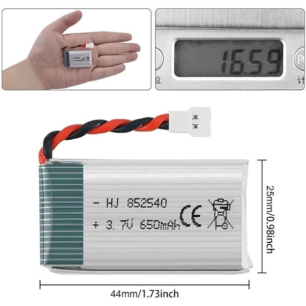 Lipo Batterier 3.7V 650mAh 25C til Syma X5C X5 Drone | Kompatibel med Cheerson CX-30W, Skytech M68, Wltoys F949 | 2-pak, Sølv