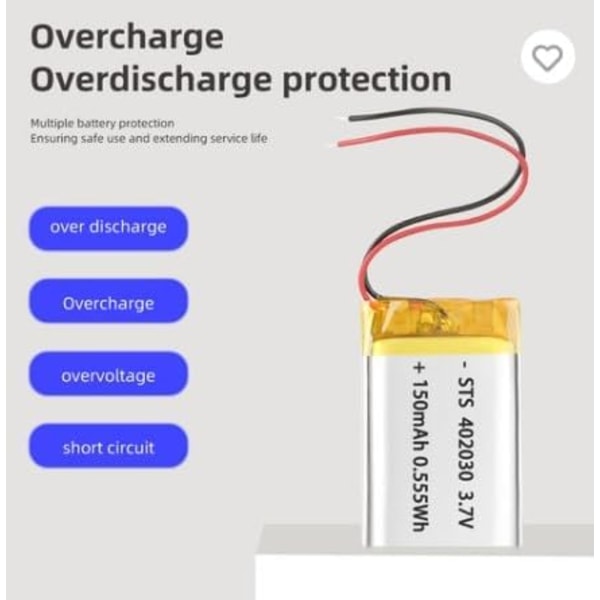 Litiumakku 3.7V 150mAh Malli 402030 | Suojapiirillä | Ladattava, yhteensopiva Bluetooth-kuulokkeiden ja TWS-kuulokkeiden kanssa, korkea kestävyys