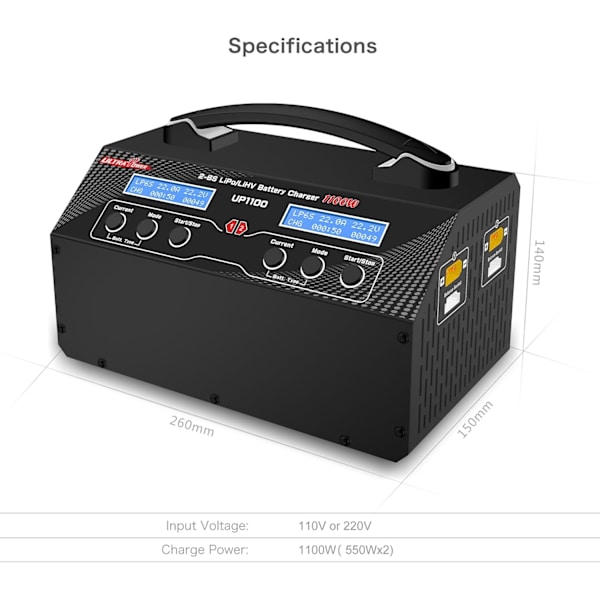 UP1100 Batterilader til UAV/droner: Dobbelt 2x550W 22A til 2-6S batterier - Kraftfuld og hurtig opladning